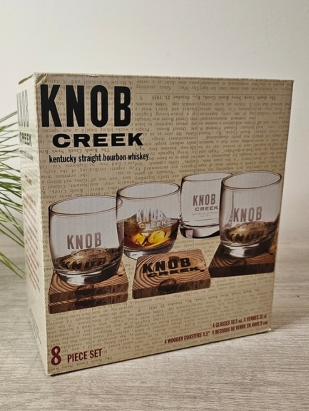 Knob Creek Kentucky Straight Bourbon Whiskey Glass Drink Set Wooden Coasters